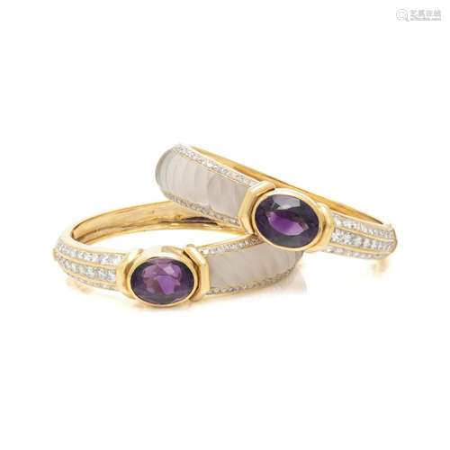 AMETHYST, ROCK CRYSTAL AND DIAMOND BANGLE BRACELET SET