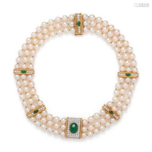 CULTURED PEARL, EMERALD AND DIAMOND NECKLACE