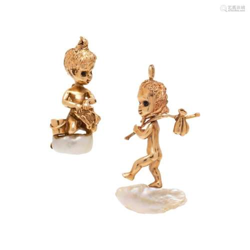 RUSER, COLLECTION OF YELLOW GOLD AND PEARL CHERUB JEWELRY