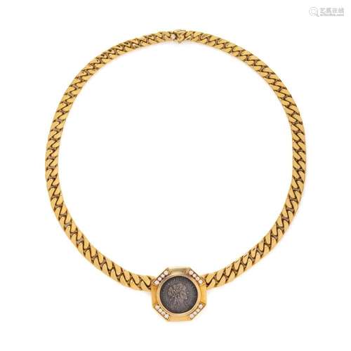 BVLGARI, YELLOW GOLD, COIN AND DIAMOND  MONETE  NECKLACE