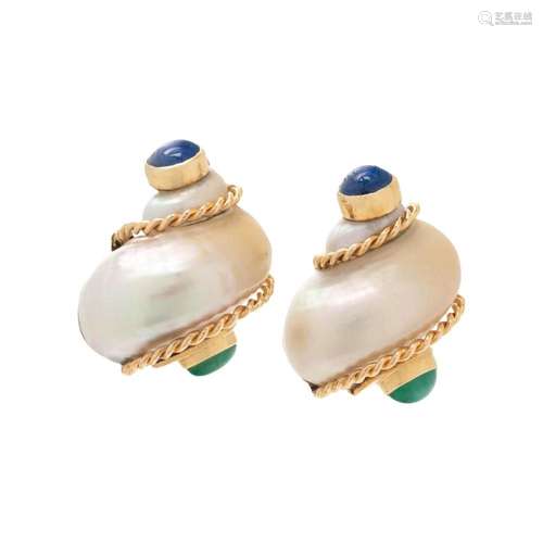 SEAMAN SCHEPPS, EMERALD AND SAPPHIRE SHELL EARCLIPS