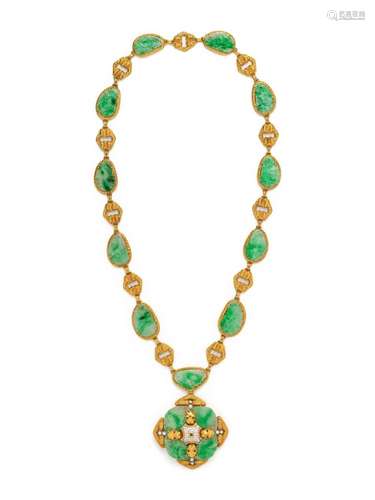 TRIO, CONVERTIBLE YELLOW GOLD, JADE AND DIAMOND PENDANT/BROO...