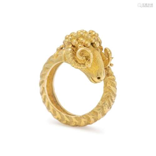 FRENCH, YELLOW GOLD RAM S HEAD RING