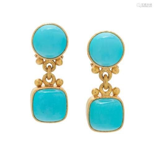 ELIZABETH LOCKE, YELLOW GOLD AND TURQUOISE EARCLIPS