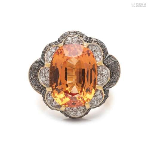 ORANGE SAPPHIRE, DIAMOND AND COLORED DIAMOND RING