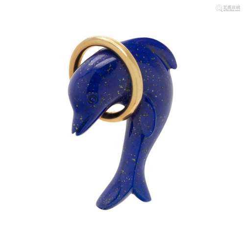 TIFFANY & CO., YELLOW GOLD AND LAPIS LAZULI DOLPHIN BROO...