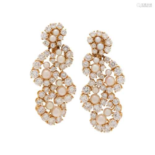 MARINA B., DIAMOND AND CULTURED PEARL EARCLIPS