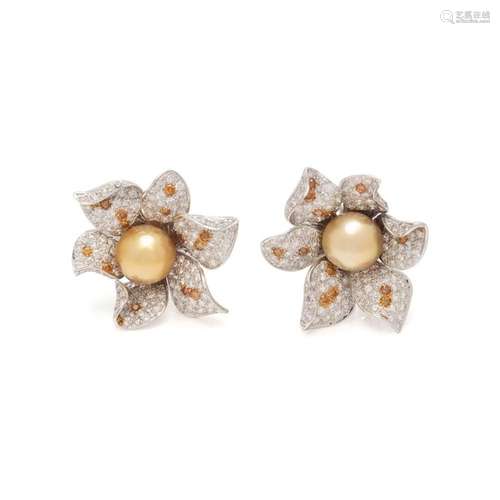 CULTURED GOLDEN PEARL, DIAMOND AND COLORED DIAMOND FLOWER EA...