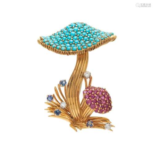 MULTIGEM AND DIAMOND MUSHROOM BROOCH