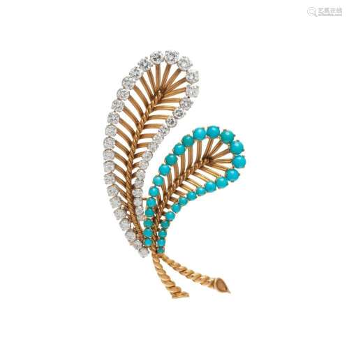 DIAMOND AND TURQUOISE FEATHER BROOCH