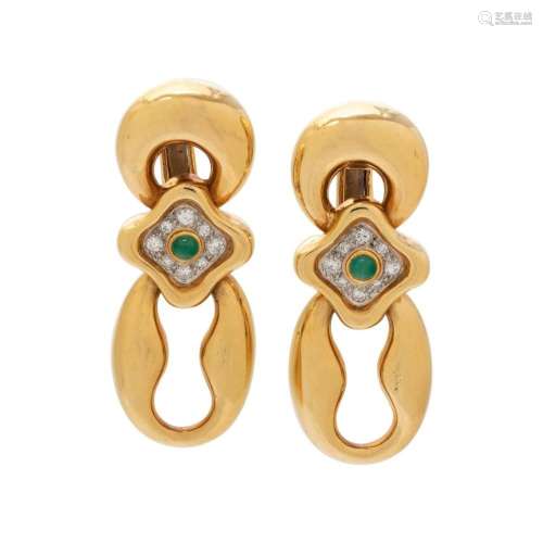 CARTIER, YELLOW GOLD, EMERALD AND DIAMOND EARCLIPS