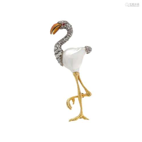 EVELYN CLOTHIER, CULTURED BAROQUE PEARL AND DIAMOND FLAMINGO...