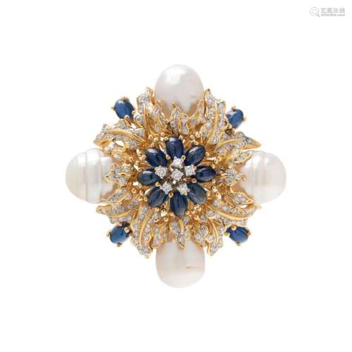 SAPPHIRE, DIAMOND AND CULTURED PEARL PENDANT/BROOCH