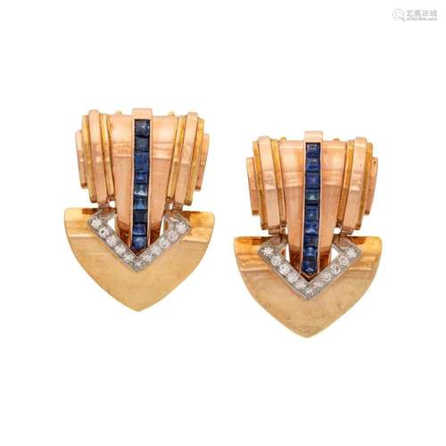 RETRO, PAIR OF BICOLOR GOLD, SAPPHIRE AND DIAMOND CLIP BROOC...