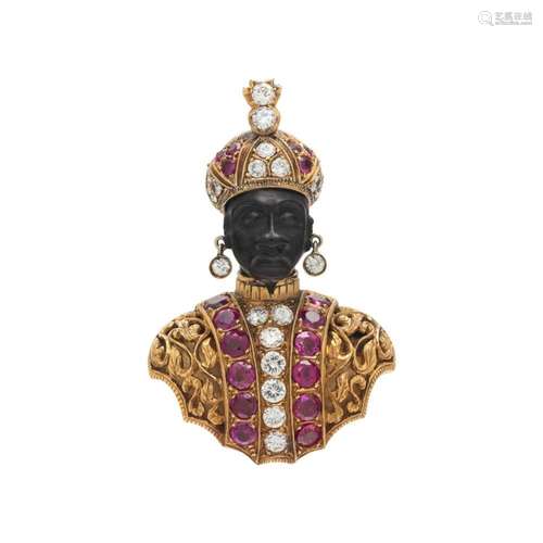 NARDI, YELLOW GOLD, DIAMOND AND RUBY BLACKAMOOR BROOCH