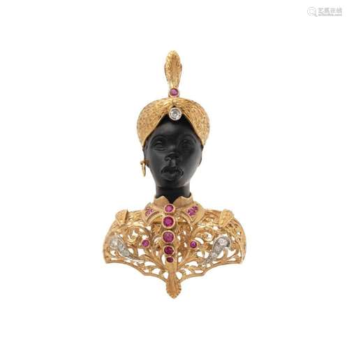 NARDI, YELLOW GOLD, RUBY AND DIAMOND BLACKAMOOR BROOCH