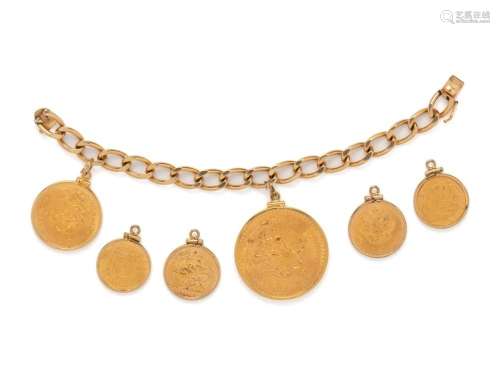 YELLOW GOLD BRACELET AND COLLECTION OF YELLOW GOLD AND COIN ...