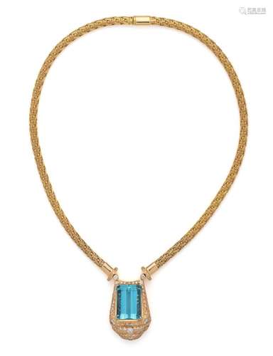 YELLOW GOLD, AQUAMARINE AND DIAMOND NECKLACE