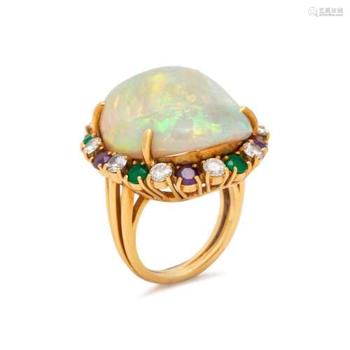 RAYMOND YARD, OPAL, DIAMOND, EMERALD AND AMETHYST RING 