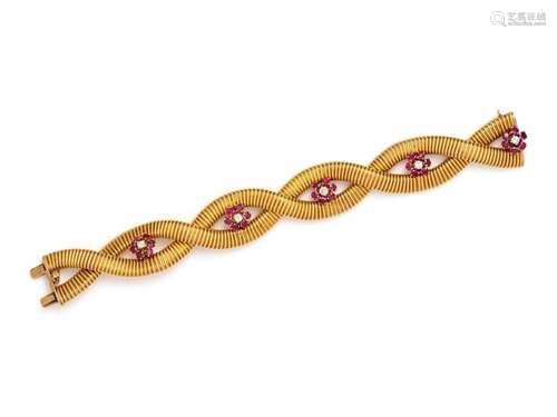 VINTAGE, YELLOW GOLD, DIAMOND AND RUBY BRACELET