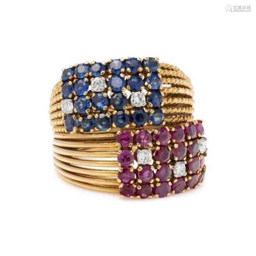 YELLOW GOLD, RUBY, SAPPHIRE AND DIAMOND RING