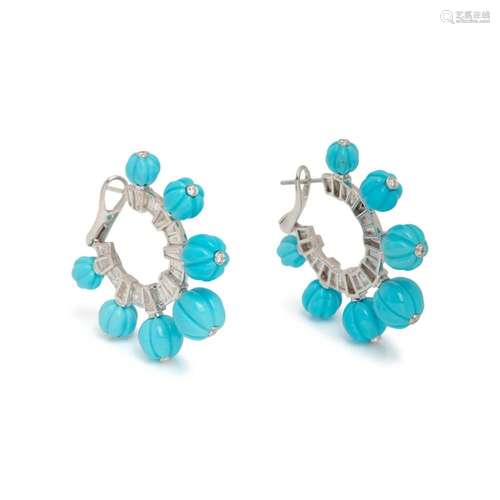 DIAMOND AND TURQUOISE HOOP EARCLIPS