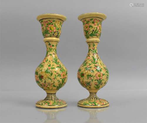 A Pair of Kashmiri Candlesticks decorated in Polychrome Enam...
