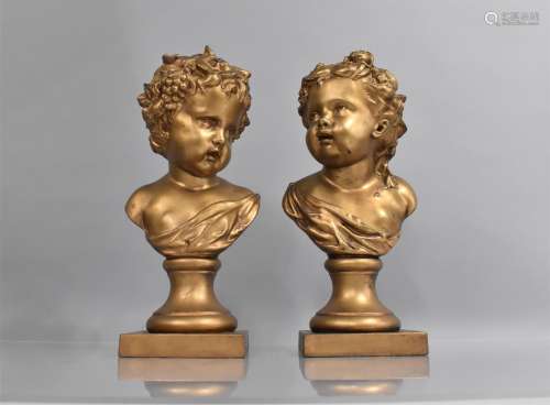 A Pair of Cast Gilt Spelter Busts of Classical Children on t...