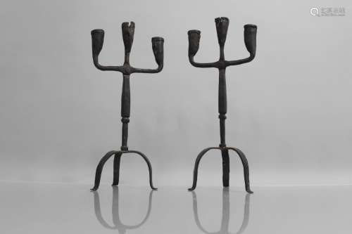 A Pair of 18th Century Wrought Iron Three Branch Candelabra ...