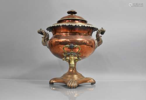 A Copper Samova With Floral Finial, Scrolled Twin Handles an...