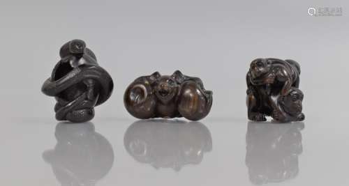Three Carved Wooden Japanese Netsukes to Include Snakes Entw...