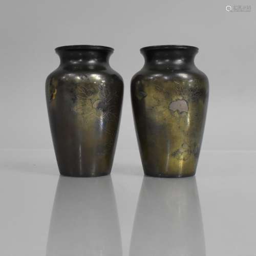 A Pair of Japanese Bronze Vases decorated with Silvered Wire...