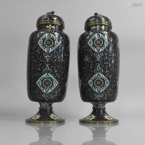 A Pair of Cloisonne Vases and Covers Decorated in Polychrome...