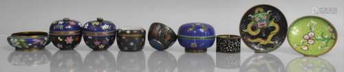Nine Pieces of Oriental Cloisonne Lidded Boxes, Pot, Small V...