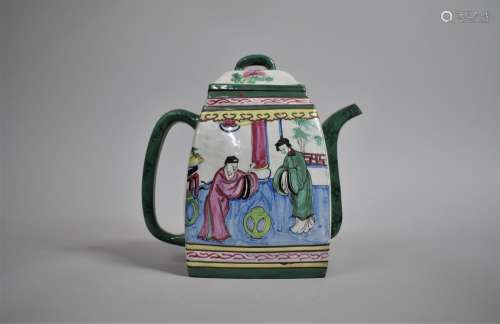 A Chinese Yixing Enamelled Teapot of Rectangular Form Decora...