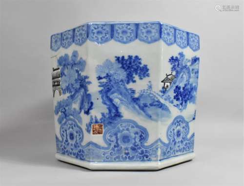 A Large Chinese Blue and White Hexagonal Planter Decorated w...