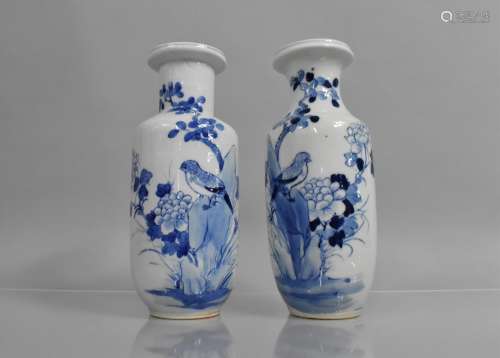 A Pair of Chinese Porcelain Blue and White Rouleau Vases dec...