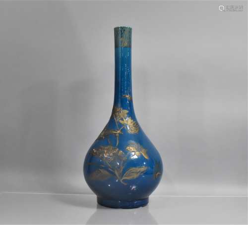 A Large Japanese Blue Glazed Bottle Vase with Applied Decora...