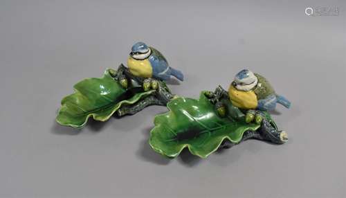 A Pair of Minton Majolica Dishes in the Form of Blue Tits Pe...