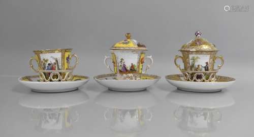 Three German and Dresden Porcelain Twin Handled Chocolate Cu...