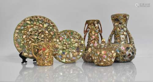 A Collection of Six Pieces of Pique Assiette Decorated Potte...