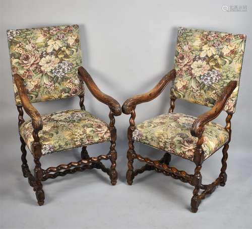 A Pair of 18th Century Style Walnut Framed Upholstered Armch...