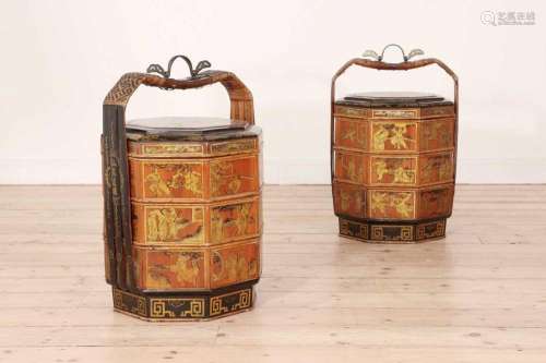 A pair of red-lacquered and gilt bamboo food carriers,