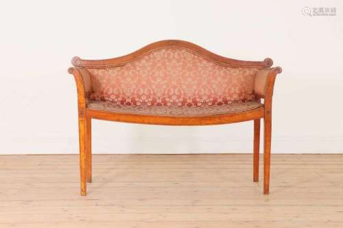 An Edwardian strung and inlaid satinwood window seat,