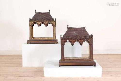 A pair of Victorian brass Gothic tabletop display cabinets,