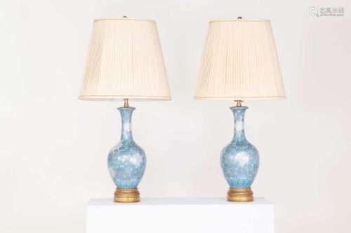 A pair of painted porcelain bottle vase lamps,