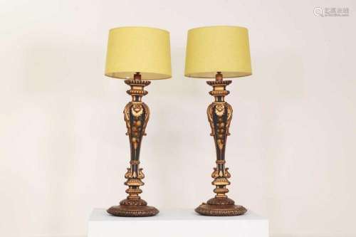 A pair of painted altar candlestick table lamps,