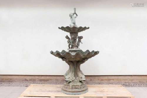 A large Renaissance-style painted bronze garden fountain,
