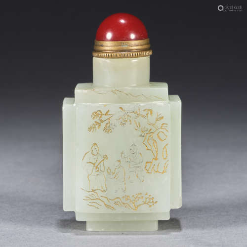 A gilt-decorated rectangular white jade snuff bottle, Qing d...
