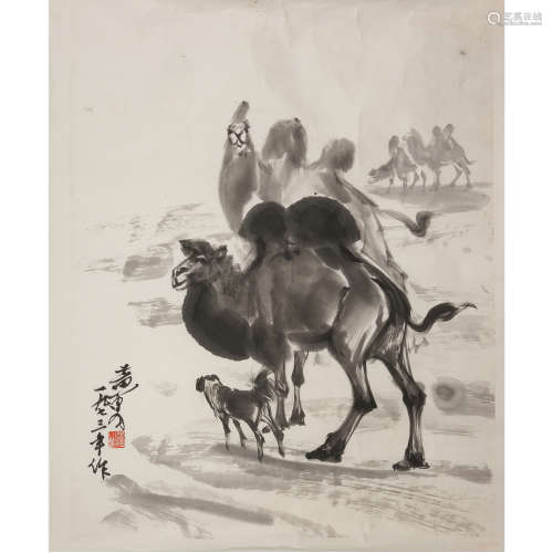 Huang Zhou (1925-1997) camels,ink and colour on paper,87cm*7...
